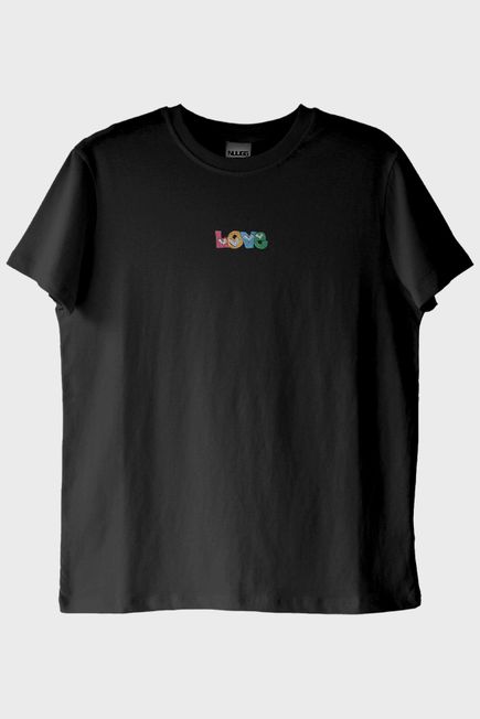 Love Desenli Nakış Siyah T-Shirt - Sevgililer Günü Tasarımı