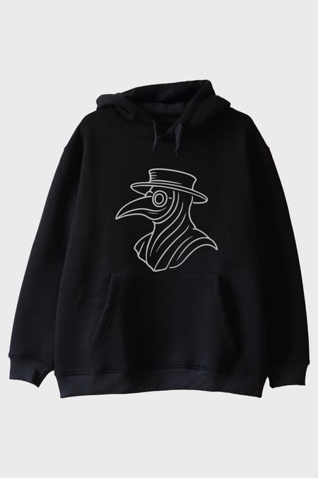 Veba Doktoru Maskesi Baskılı Minimal Siyah Hoodie