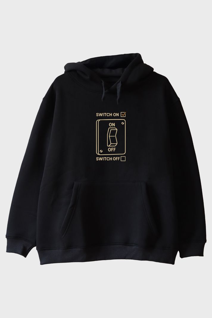 Switch On Off Elektrik Şalter Tasarımlı Baskılı Siyah Hoodie ön görsel