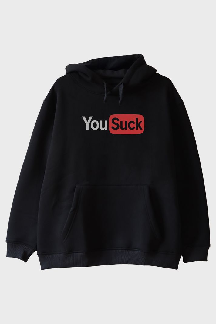 You Suck Baskılı Eğlenceli Tasarımlı Siyah Hoodie ön görsel