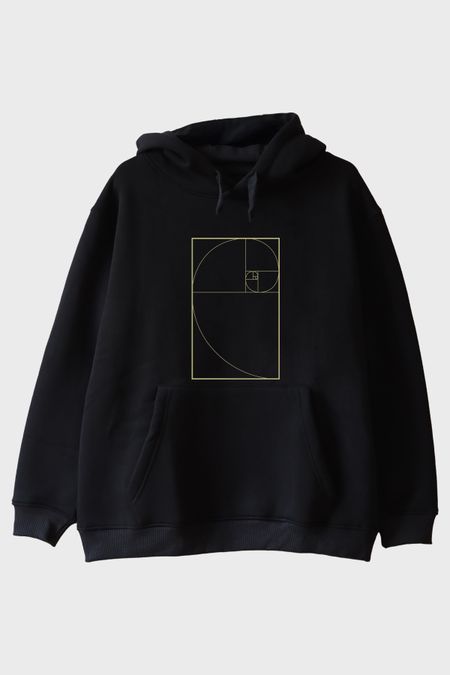 Altın Oran Spiralli Tasarım Baskılı Siyah Hoodie