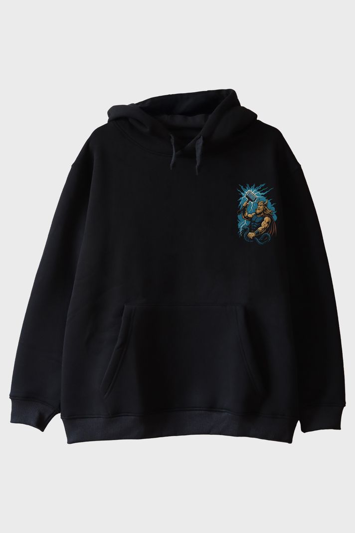 THOR Figürü Baskılı Siyah Hoodie ön görsel