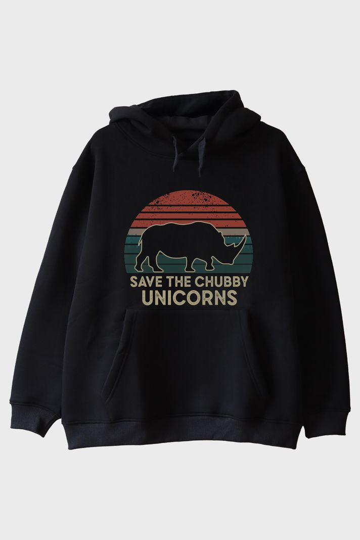 Save the Chubby Unicorns Retro Gergedan Baskılı Siyah Hoodie ön görsel