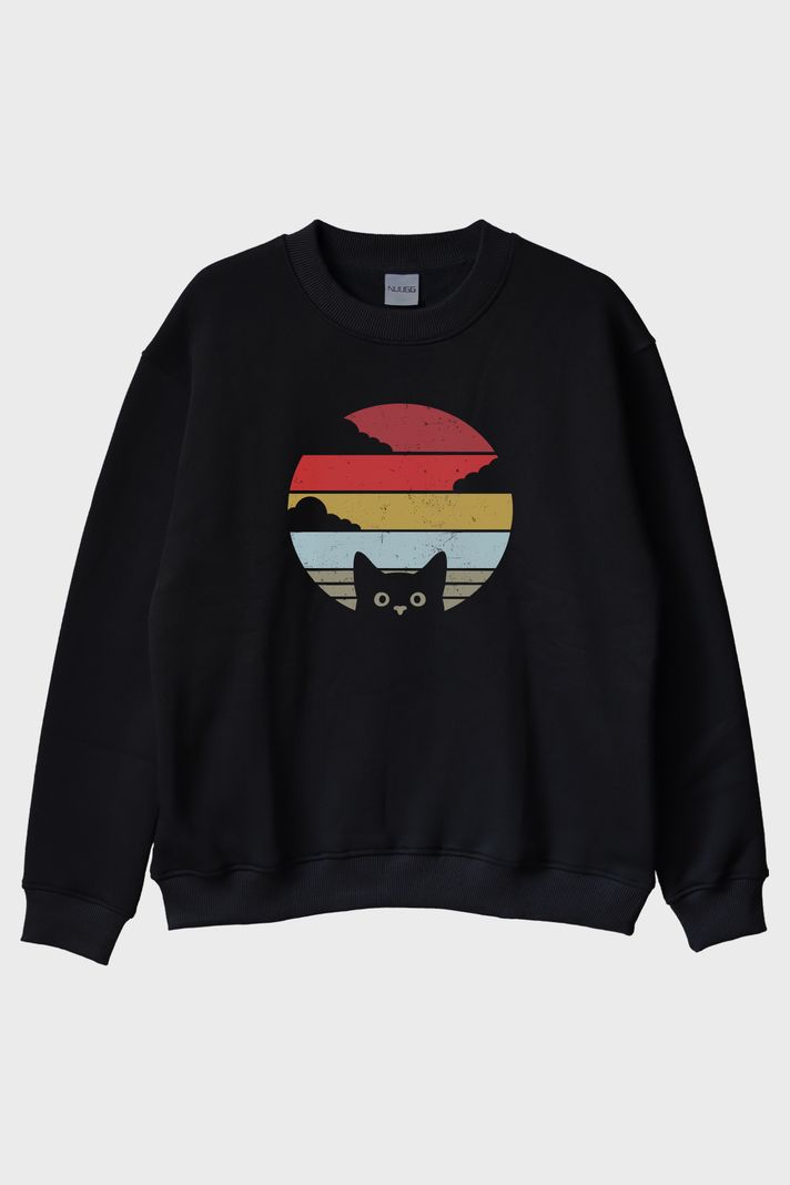 Retro Kedi Baskılı Modern Siyah Bisiklet Yaka Sweatshirt ön görsel