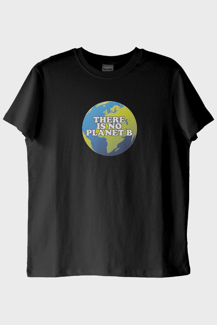 There Is No Planet B Dünya Resimli Baskılı Siyah Tişört ön görsel
