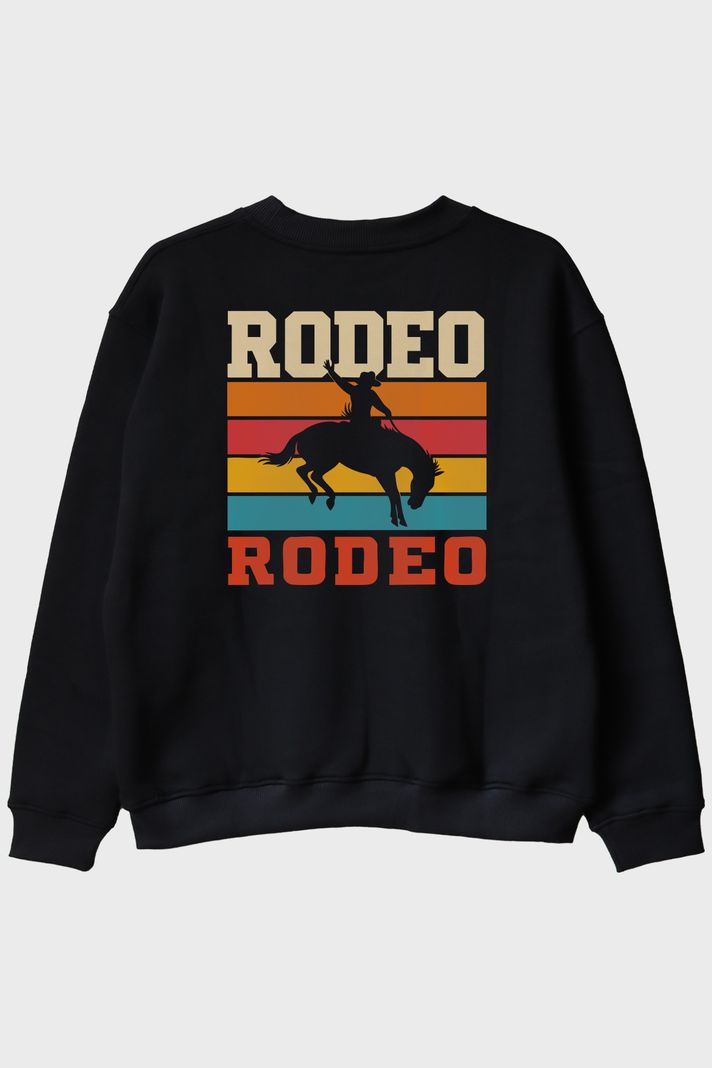 Rodeo Retro Vintage Baskılı Siyah Bisiklet Yaka Sweatshirt arka görsel
