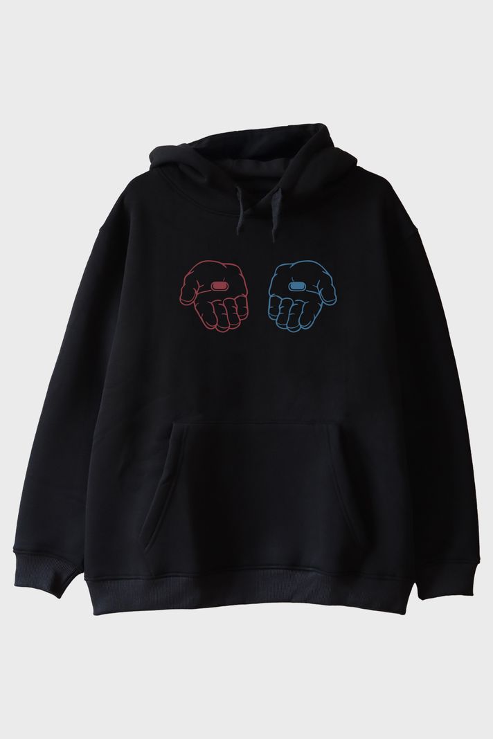 Red or Blue Pill Sci-Fi Baskılı Siyah Hoodie ön görsel