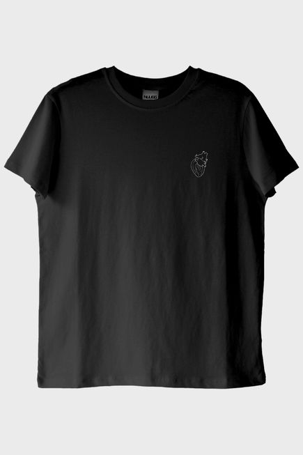 Anatomik Kalp Desenli Nakışlı Siyah T-Shirt