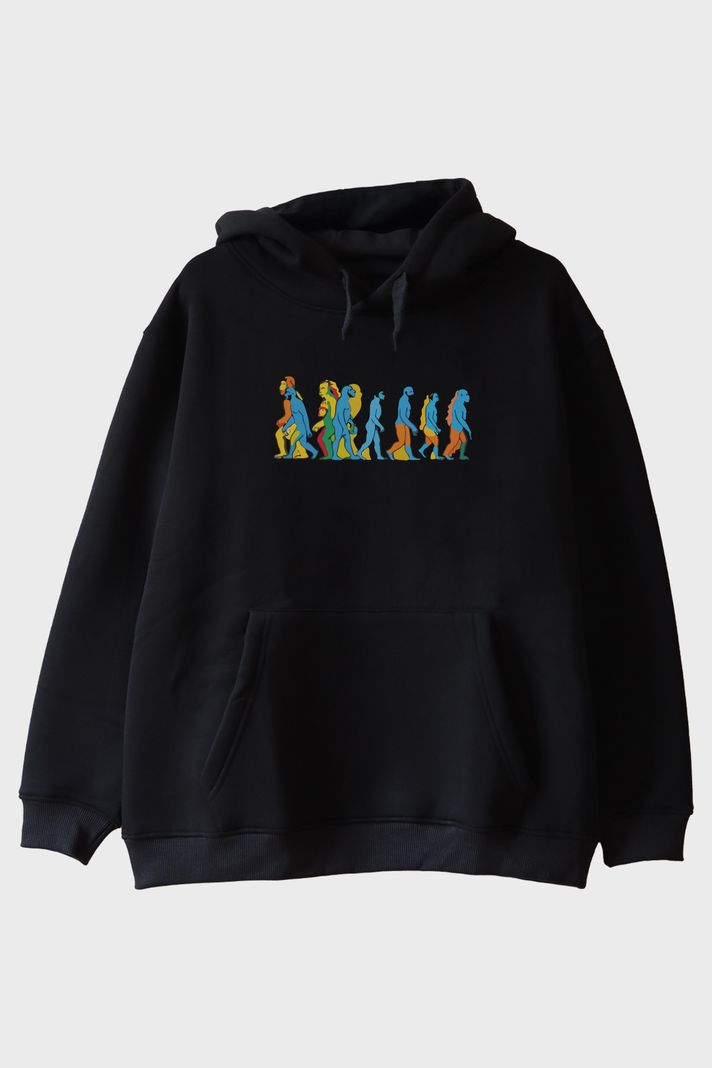 Evrim Zinciri Baskılı Canlı Tasarım Siyah Hoodie ön görsel