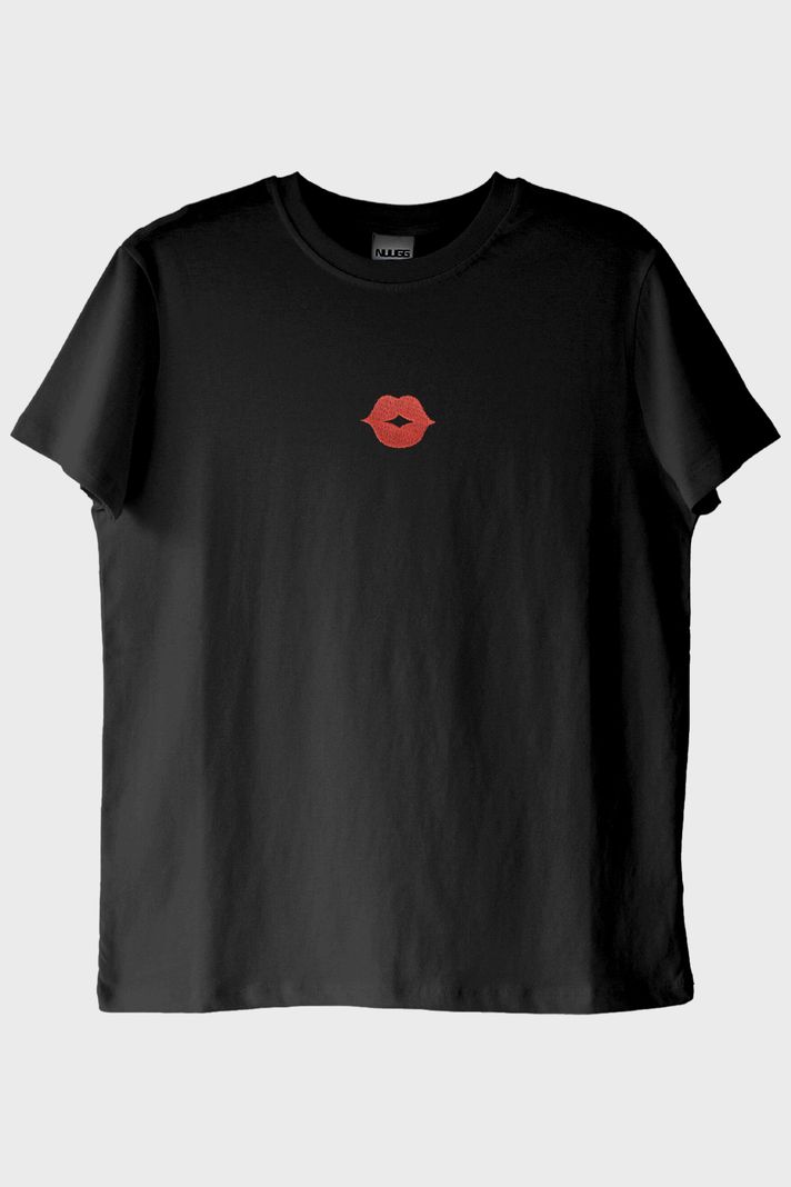 Dudak ve Bıyık Desenli Çift Kombin Siyah T-Shirt - 2. görsel