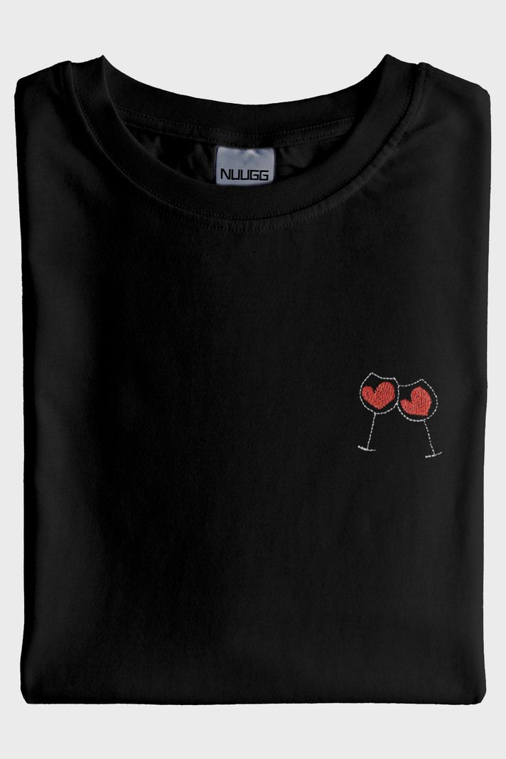 Kalpli Kadeh Desenli Nakış Siyah T-Shirt - Sevgililer Günü Çift Tişörtleri - 3. görsel