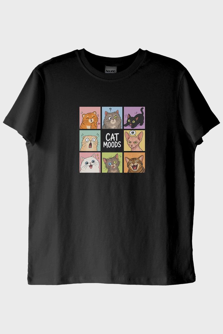 Cat Moods Siyah Tişört ön görsel