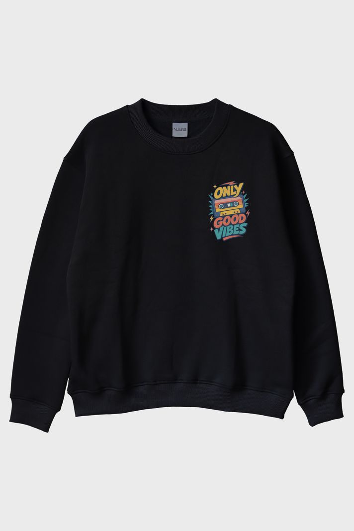 Only Good Vibes Siyah Bisiklet Yaka Sweatshirt ön görsel