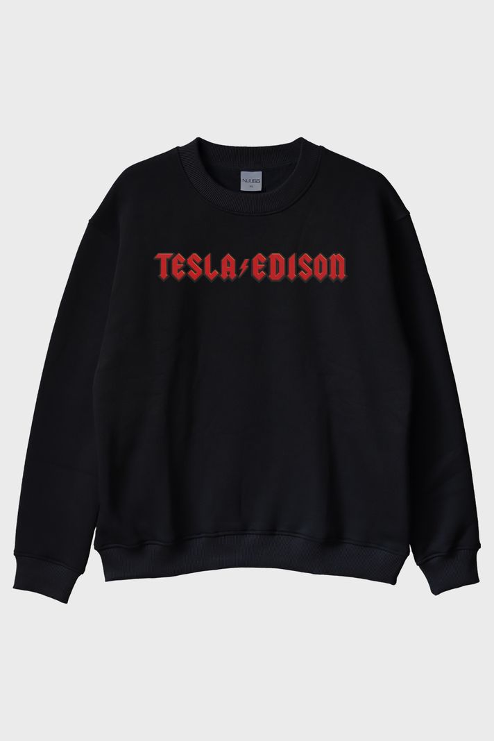 TESLA/EDISON Yıldırım Baskılı Gotik Tasarım Siyah Bisiklet Yaka Sweatshirt ön görsel