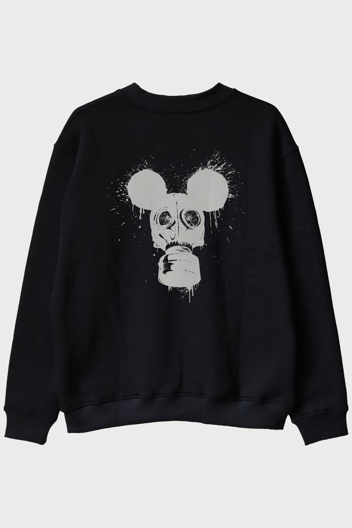 Gaz Maskesi ve Mouse Kulakları Tasarımlı Siyah Siyah Bisiklet Yaka Sweatshirt arka görsel