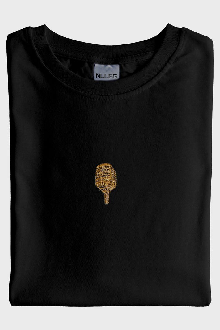 Altın Mikrofon İşlemeli Müzik Siyah T-Shirt - 3. görsel