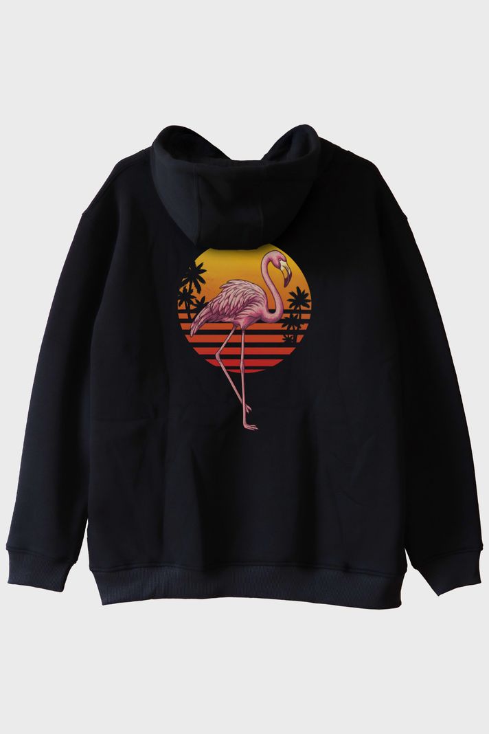Retro Flamingo Baskılı Siyah Hoodie arka görsel