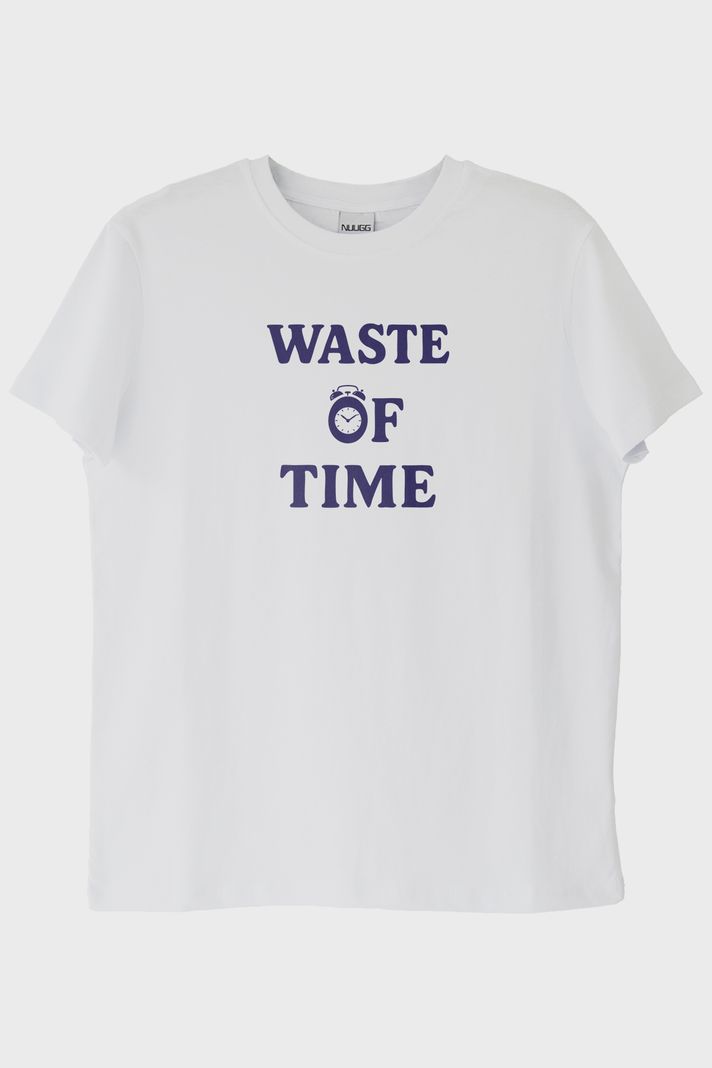 Waste of Time Baskılı Minimalist Beyaz Tişört ön görsel