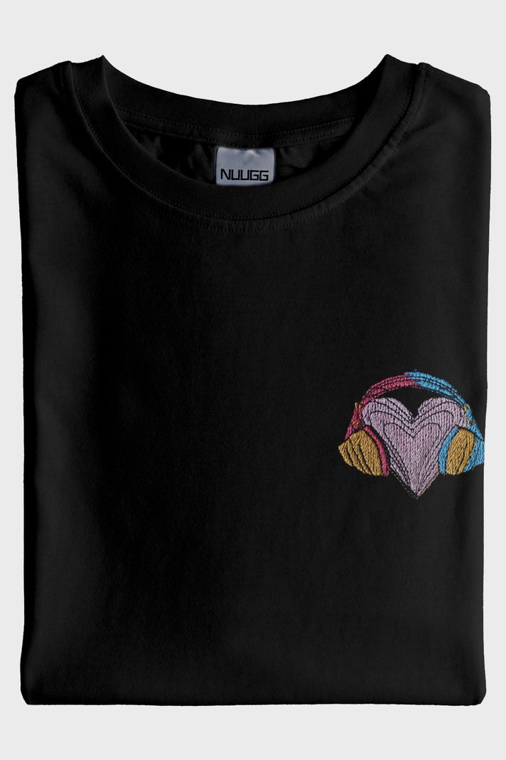 Renkli Kulaklık Kalpli Müzik Siyah T-Shirt - 3. görsel