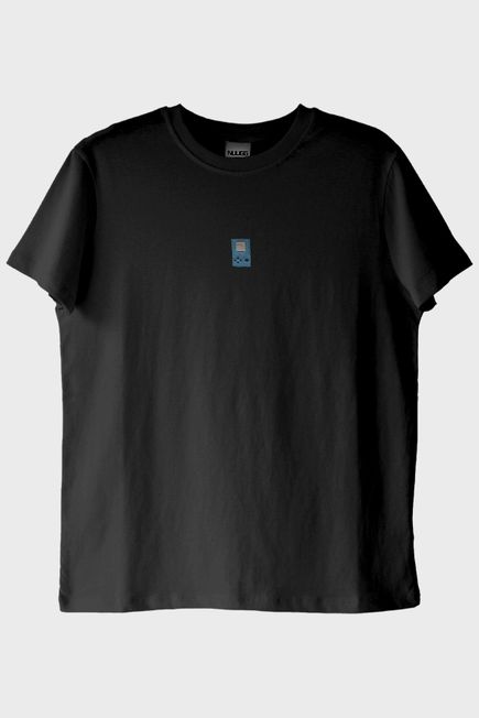 Mavi El Atarisi Desenli Nakış Siyah T-Shirt