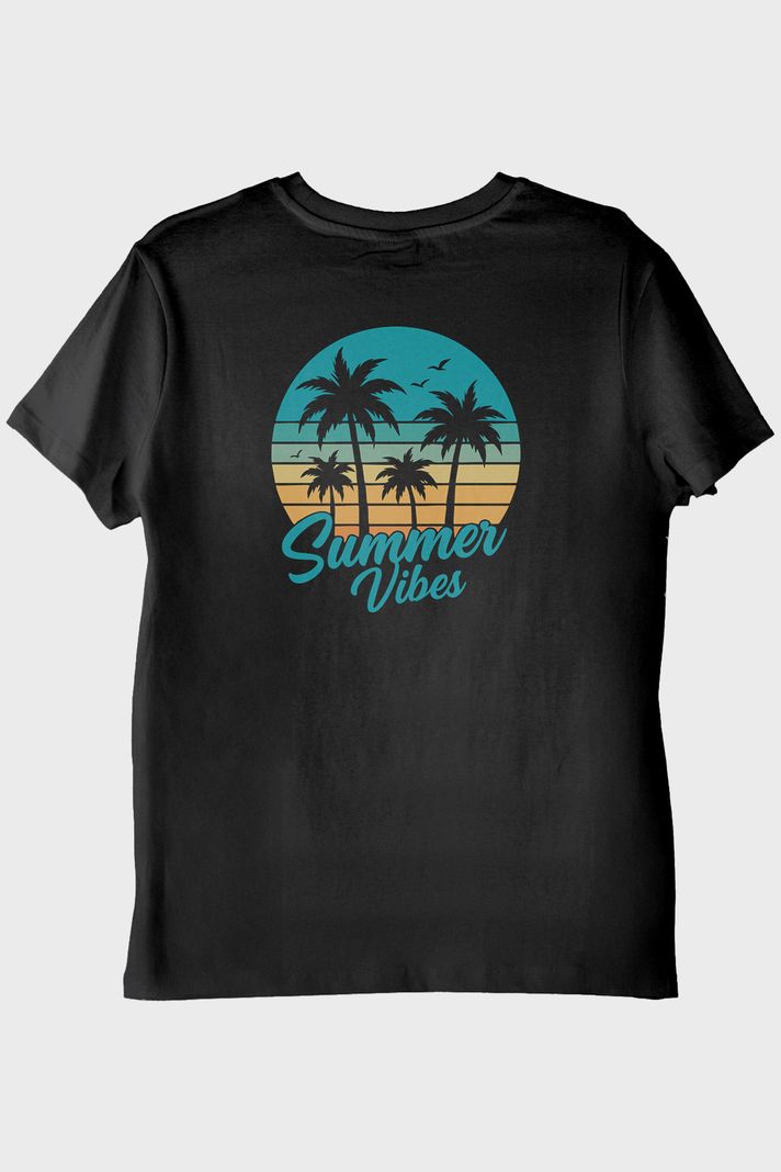 Summer Vibes Baskılı Tropik Plaj Tasarımlı Siyah Tişört arka görsel