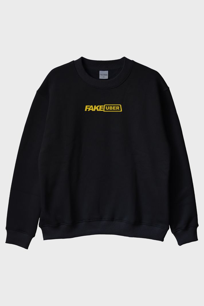 Fake Uber Mizahi Siyah Bisiklet Yaka Sweatshirt ön görsel