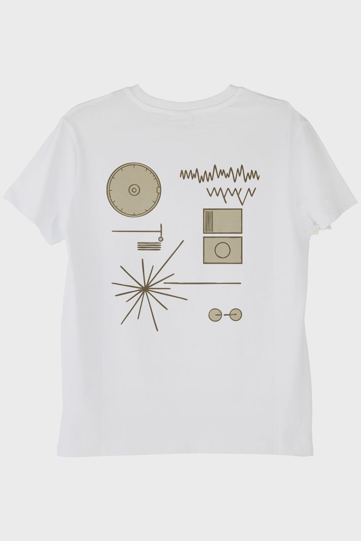 Golden Record Uzay Temalı Minimalist Bilim Beyaz Tişört arka görsel