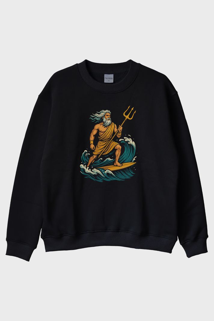 Deniz Tanrısı Poseidon Siyah Bisiklet Yaka Sweatshirt ön görsel