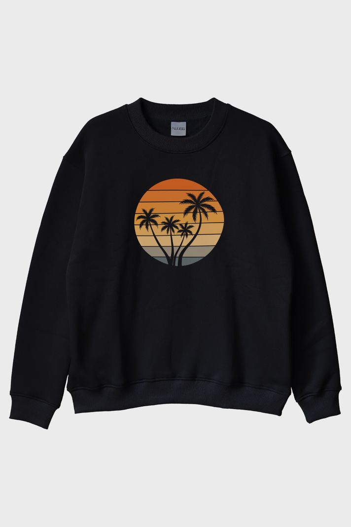 Tropik Gün Batımı Palmiye Baskılı Siyah Bisiklet Yaka Sweatshirt ön görsel