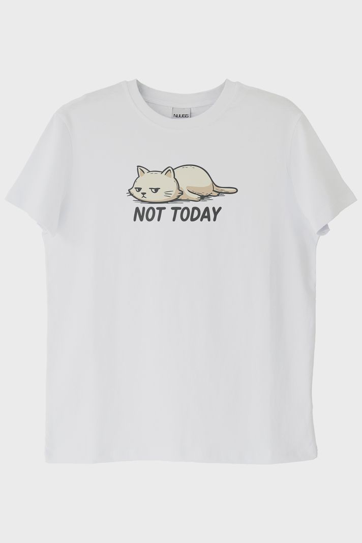 Yorgun Kedi Mizahi Not Today Beyaz Tişört ön görsel