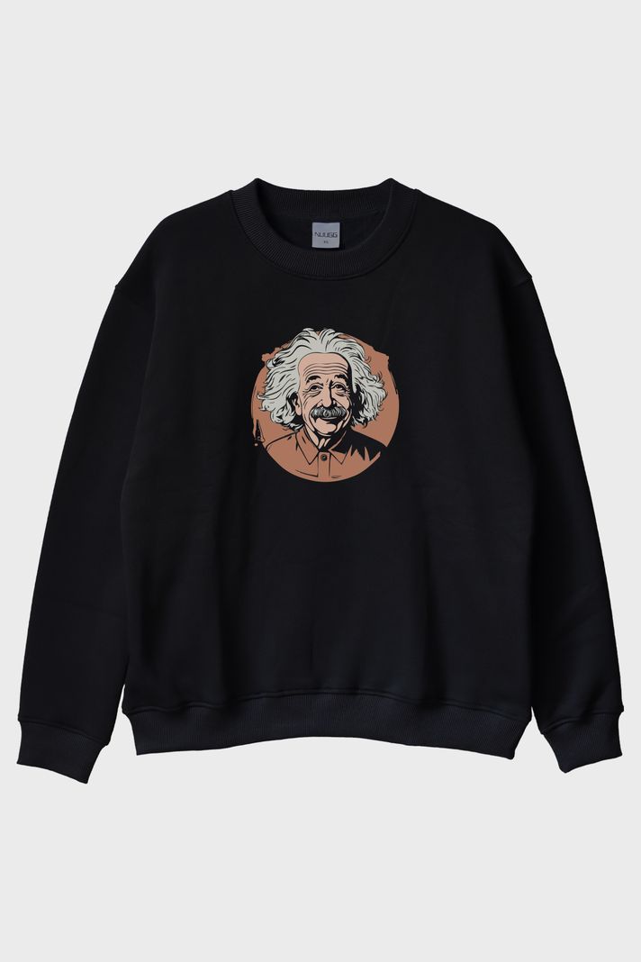 Albert Einstein Portre Baskılı Tasarım Siyah Bisiklet Yaka Sweatshirt ön görsel