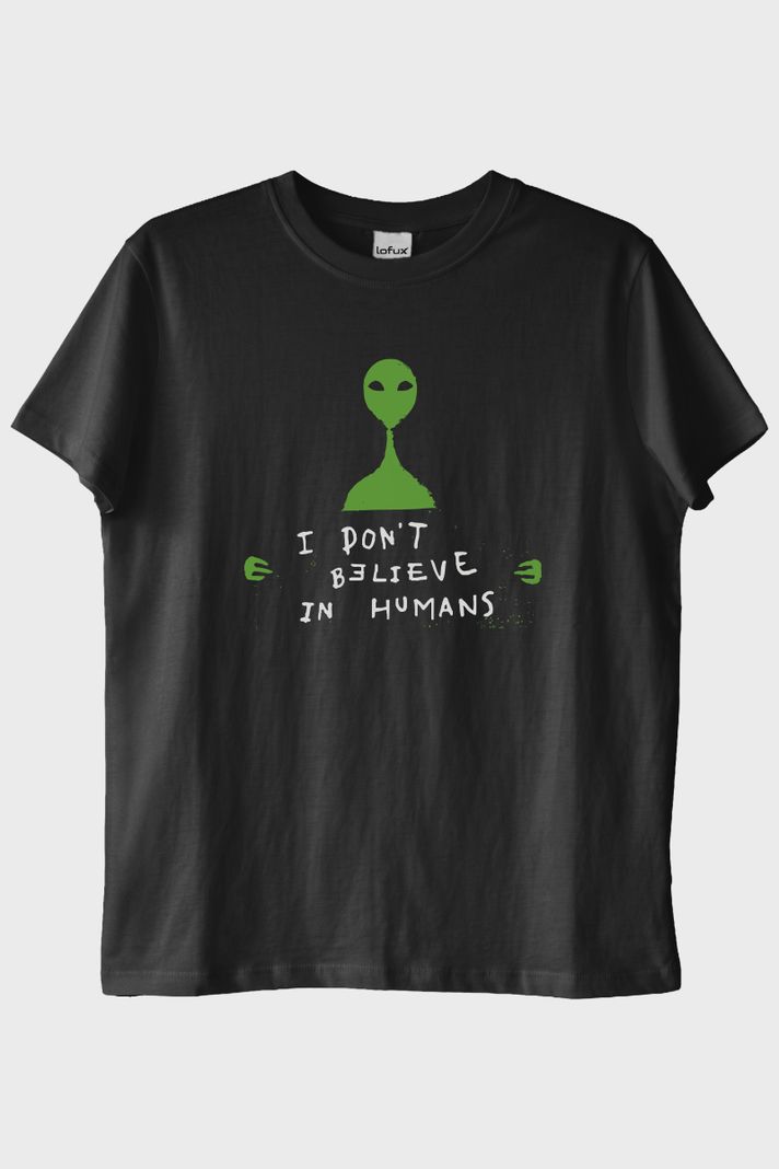 I Don’t Believe in Humans Uzaylı Baskılı %100 Pamuk Siyah Tişört ön görsel