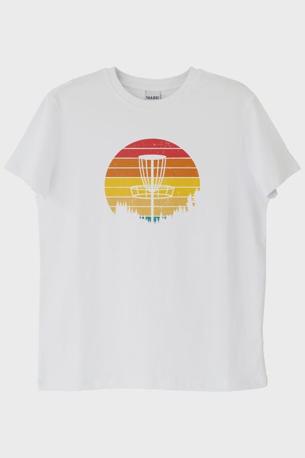 Retro Güneş Batışı Tasarımlı Disk Golf Sepetli Beyaz Tişört