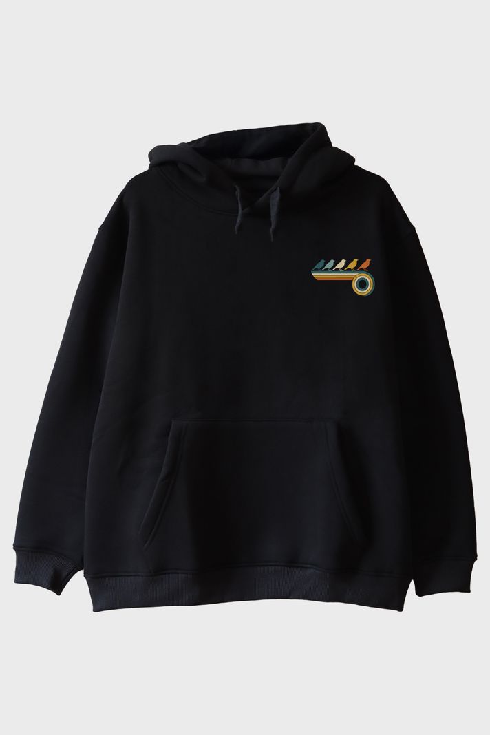Retro Kuşlar Siyah Hoodie ön görsel