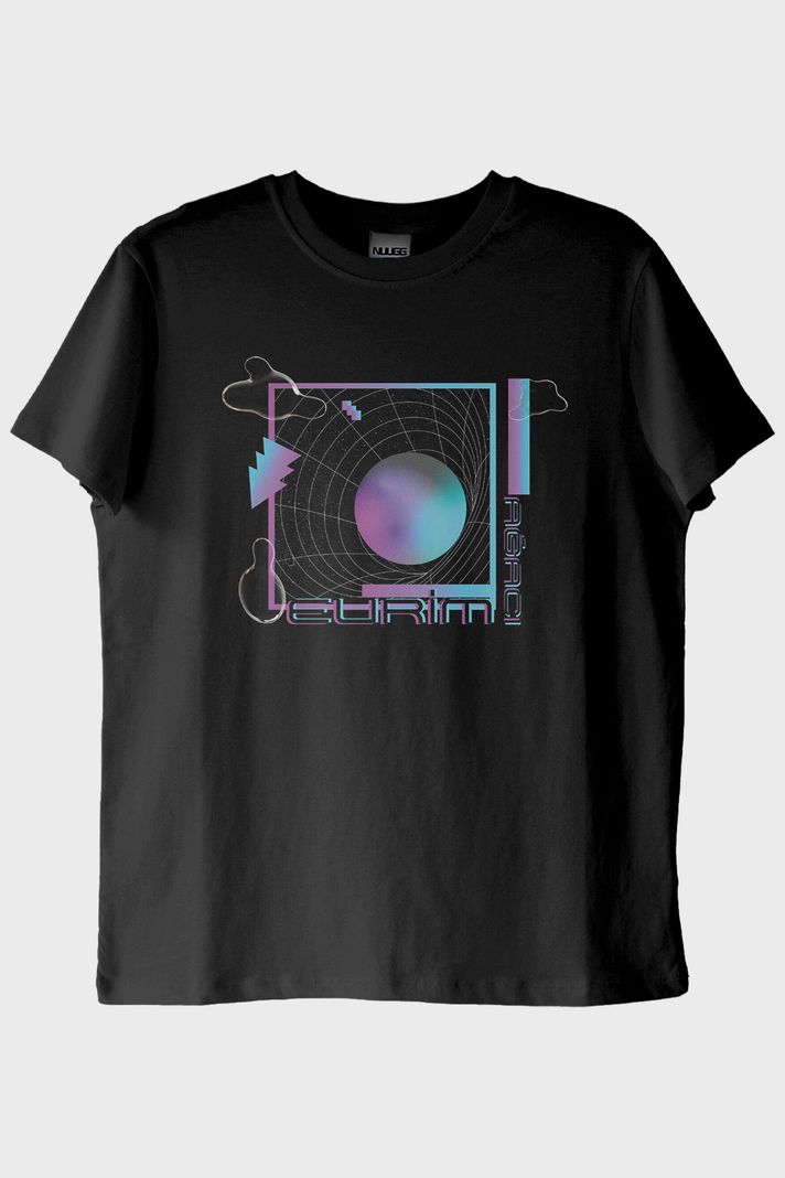 Evrim Ağacı Retro Geometrik Desenli Baskılı Siyah Tişört ön görsel