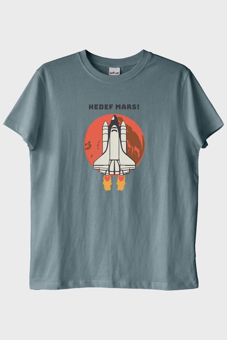 HEDEF MARS! Baskılı Uzay Temalı Mavi Tişört