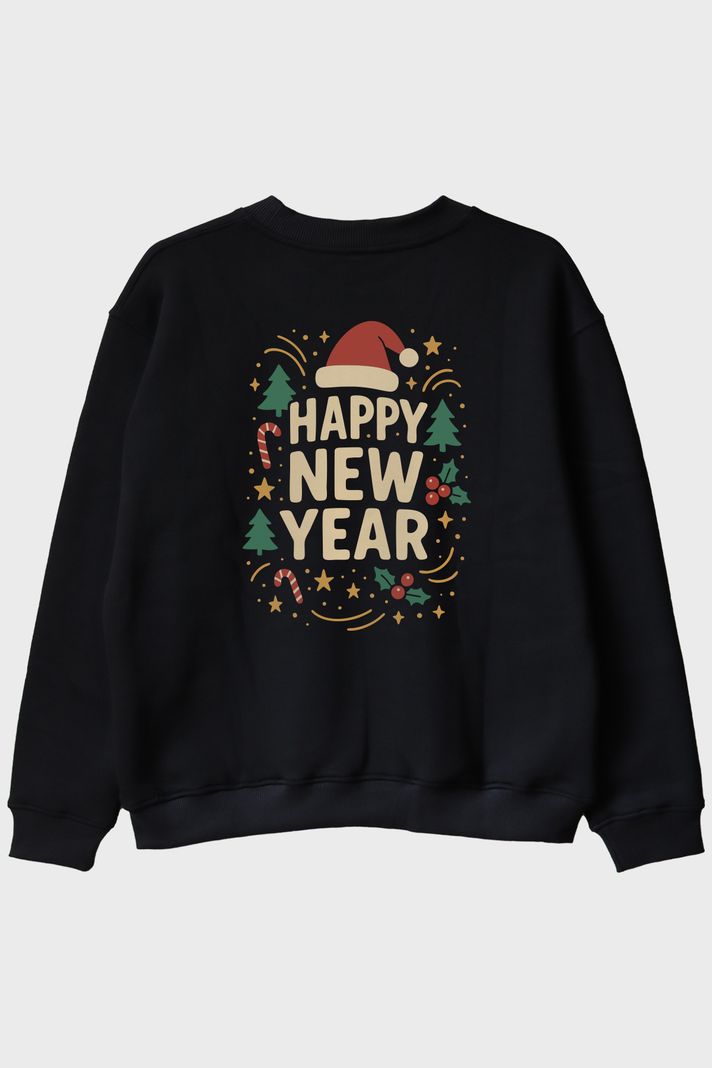 Mutlu Yılbaşı Siyah Bisiklet Yaka Sweatshirt arka görsel