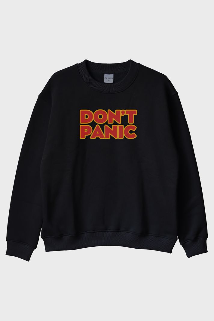 Don't Panic Baskılı Mizahi Siyah Bisiklet Yaka Sweatshirt ön görsel