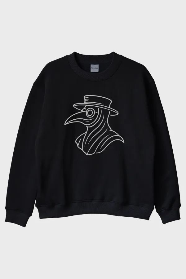 Veba Doktoru Maskesi Baskılı Minimal Siyah Bisiklet Yaka Sweatshirt