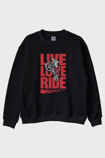 Live Love Ride Baskılı Motosiklet Siyah Bisiklet Yaka Sweatshirt