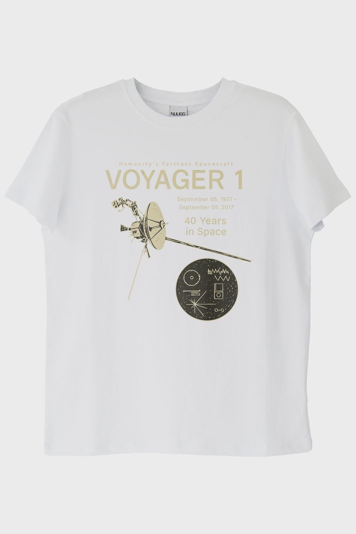 Uzay Keşfi Temalı Retro Voyager 1 Bilim Beyaz Tişörtü ön görsel