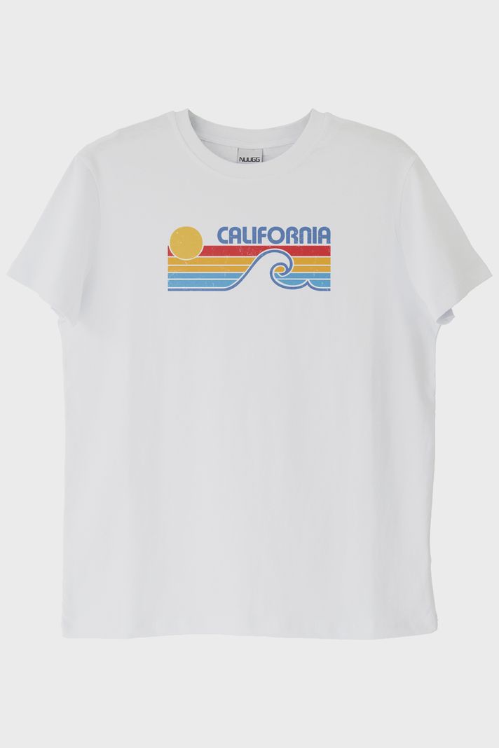 California Retro Dalga Baskılı Tasarım Beyaz Tişört ön görsel