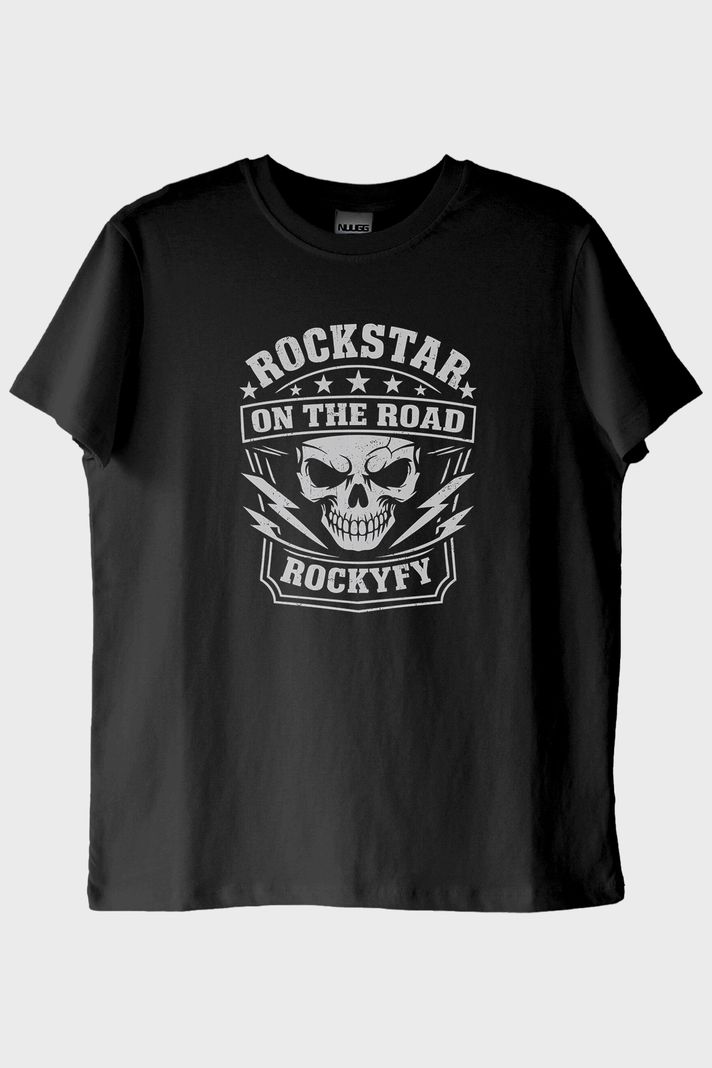 Rockstar On The Road Kafatası Baskılı Siyah Tişört ön görsel