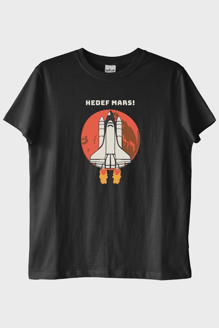 HEDEF MARS! Baskılı Uzay Temalı Siyah Tişört ön görsel