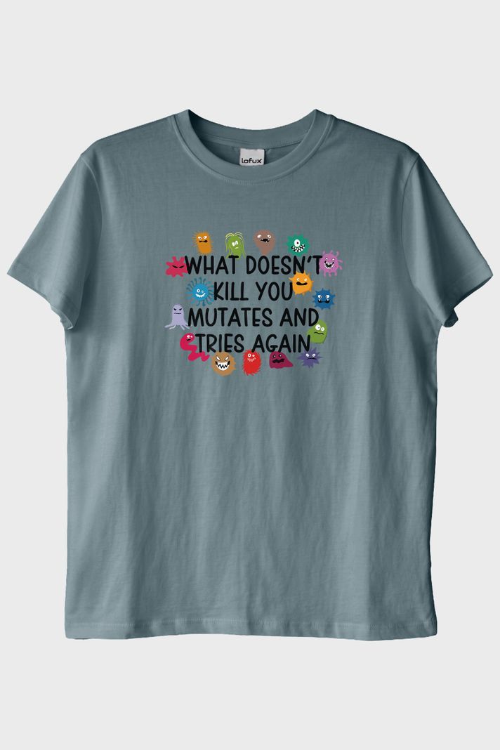 What Doesn't Kill You Mutates Baskılı Mizahi Mavi T-Shirt ön görsel