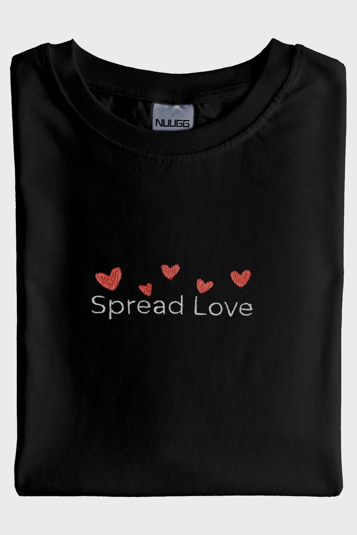 Spread Love Yazılı Kalp Desenli Nakış Siyah T-Shirt - Sevgililer Günü Hediyesi - 4. görsel