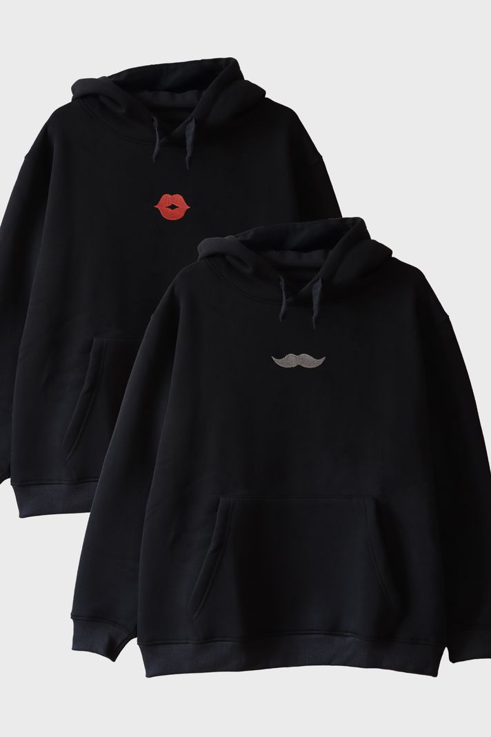 Dudak ve Bıyık Desenli Çift Kombin Hoodie ön görsel