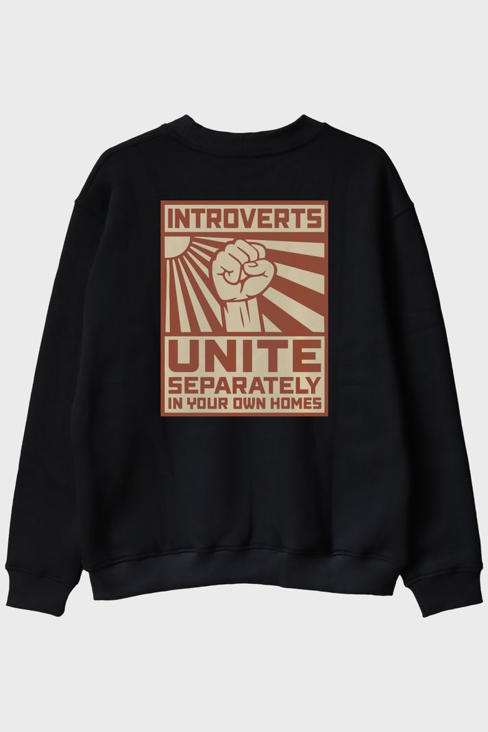 Introverts Unite Siyah Bisiklet Yaka Sweatshirt arka görsel