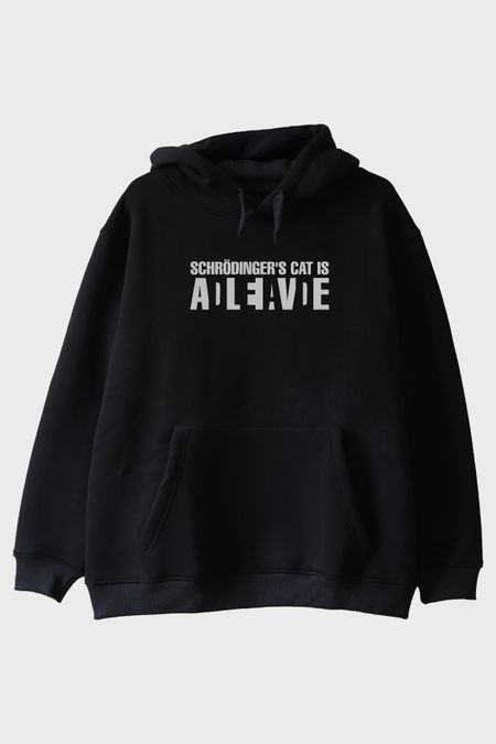 Schrödinger's Cat Alive Baskılı Bilim Tasarımlı Siyah Hoodie