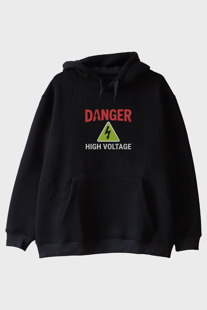 DANGER Temalı Yüksek Gerilim Tasarımlı Siyah Hoodie ön görsel